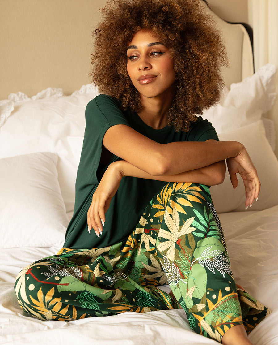 Gabrielle Palm Leaf Print Wide Leg Pyjama Bottoms - Cyberjammies