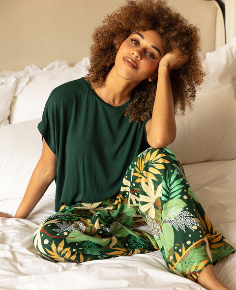 Gabrielle Slouch Jersey Top and Palm Leaf Print Wide Leg Pyjama Set