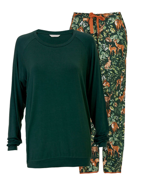 Forrest Green Slouch Jersey Top & Woodland Print Pyjama Set