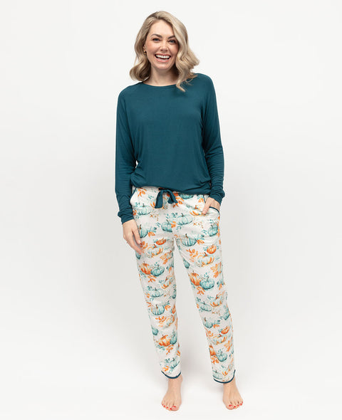 Goldie Damen-Pyjama-Set aus lässigem Jersey-Oberteil und Jersey mit Kürbis-Print