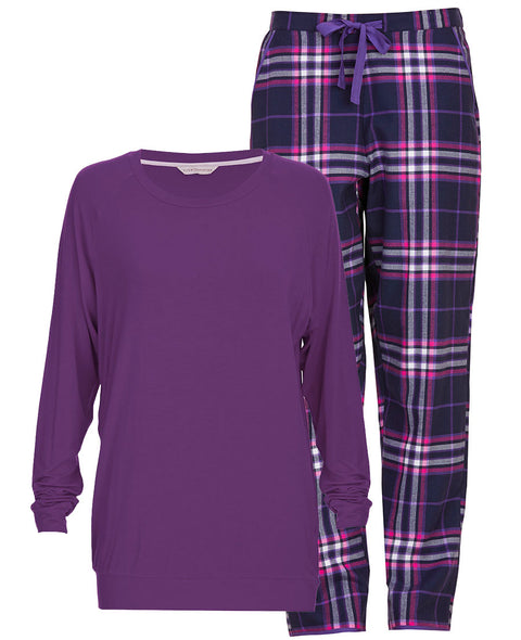 Edie Womens Light Purple Slouch Jersey Top and Check Pyjama Set