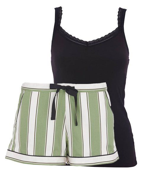 Nancy Womens  Black Jersey Hidden Support Vest and Printed Stripe Shorty Set