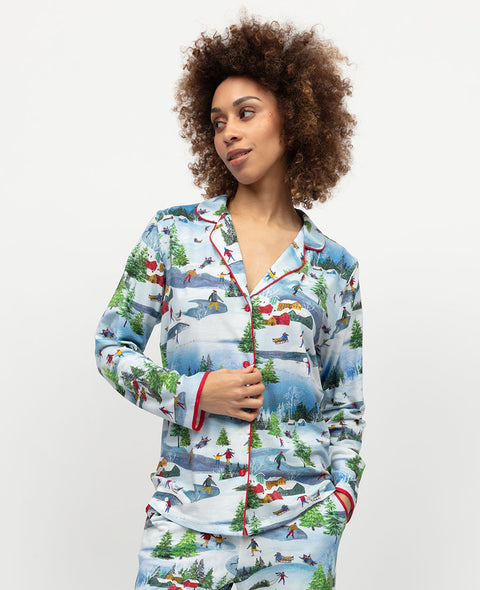 Montana Damen-Pyjamaoberteil aus Jersey mit Winterscape-Print