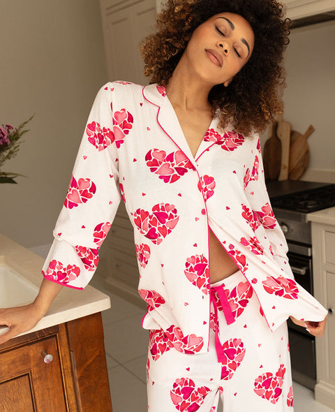 Aria Womens Pink Heart Printed Jersey Wide Leg Pyjama Set