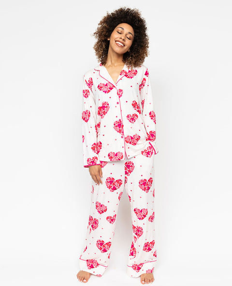 Aria Womens Pink Heart Printed Jersey Wide Leg Pyjama Set