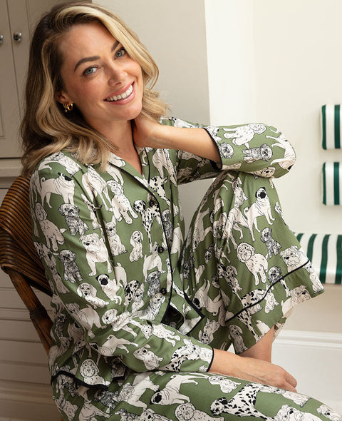 Nancy Womens Sage Dog Print Wide Leg Pyjama Set