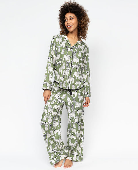 Nancy Womens Sage Dog Print Wide Leg Pyjama Set
