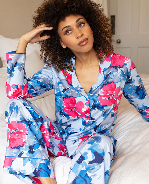 Lyla Womens Blue Floral Print Wide Leg Pyjama Set