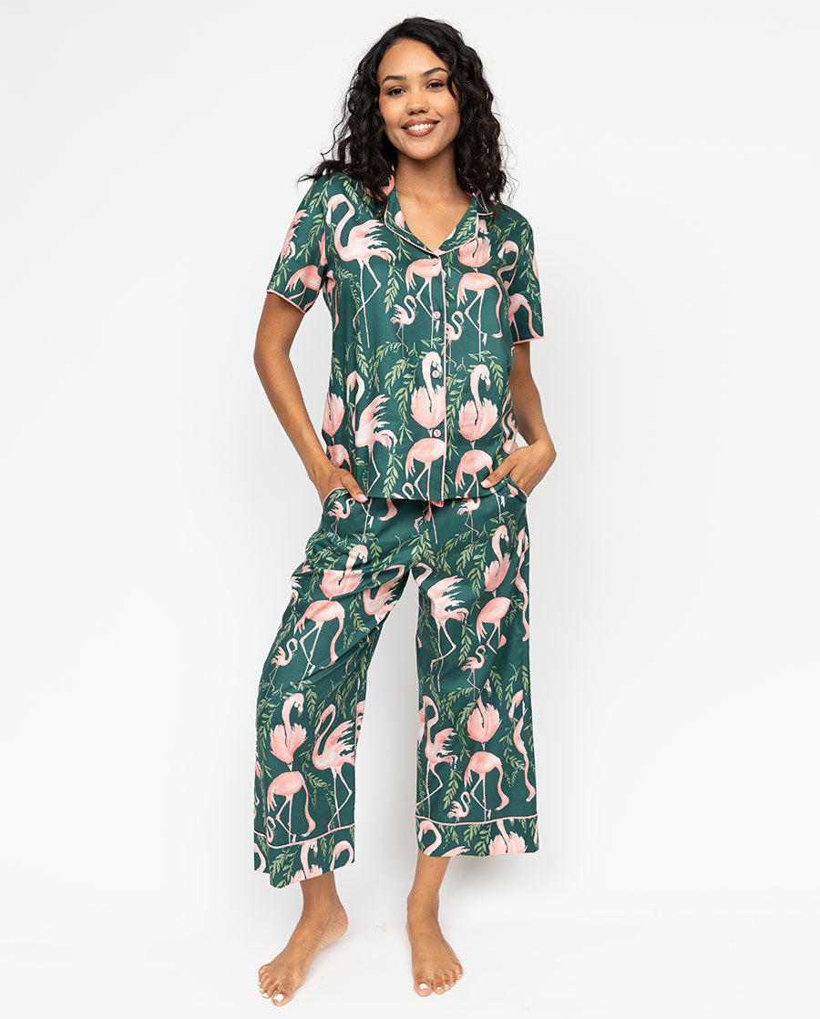 Ivy Womens Flamingo Print Wide Leg Cropped Pyjama Set Cyberjammies