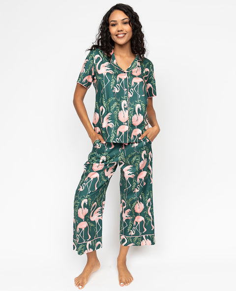 Ivy Womens Flamingo Print Wide Leg Cropped Pyjama Set