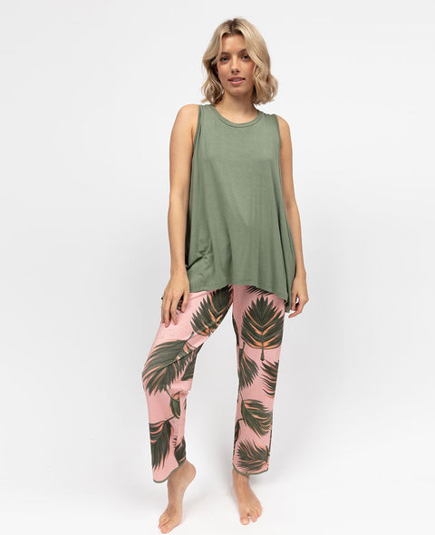 Lea Womens Sage Jersey Relaxed Vest and Leaf Printed Jersey Pyjama Set
