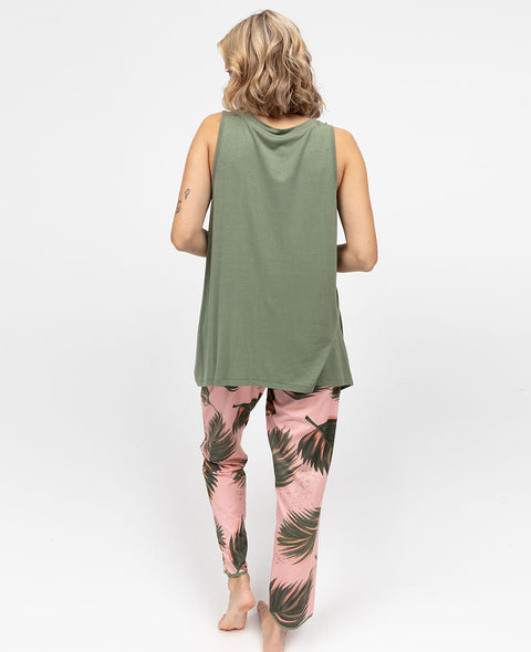 Lea Womens Sage Jersey Relaxed Vest and Leaf Printed Jersey Pyjama Set