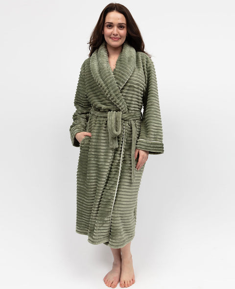 Sage Striped Fleece Dressing Gown