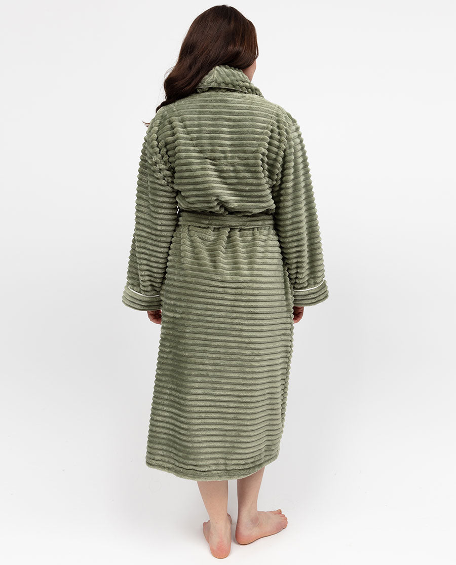 Sage Striped Fleece Dressing Gown