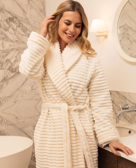 Cream Striped Fleece Dressing Gown