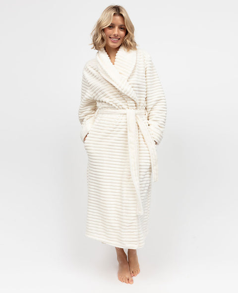 Cream Striped Fleece Dressing Gown