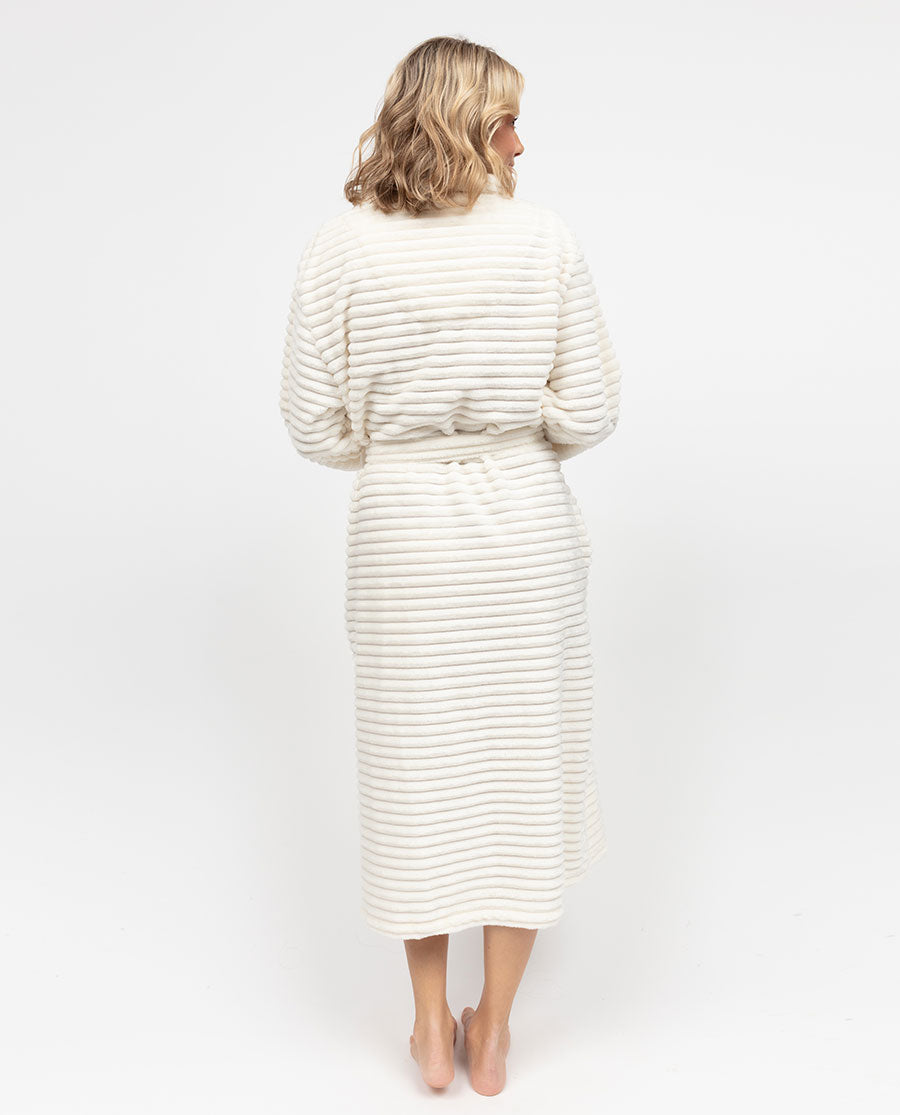 Cream Striped Fleece Dressing Gown