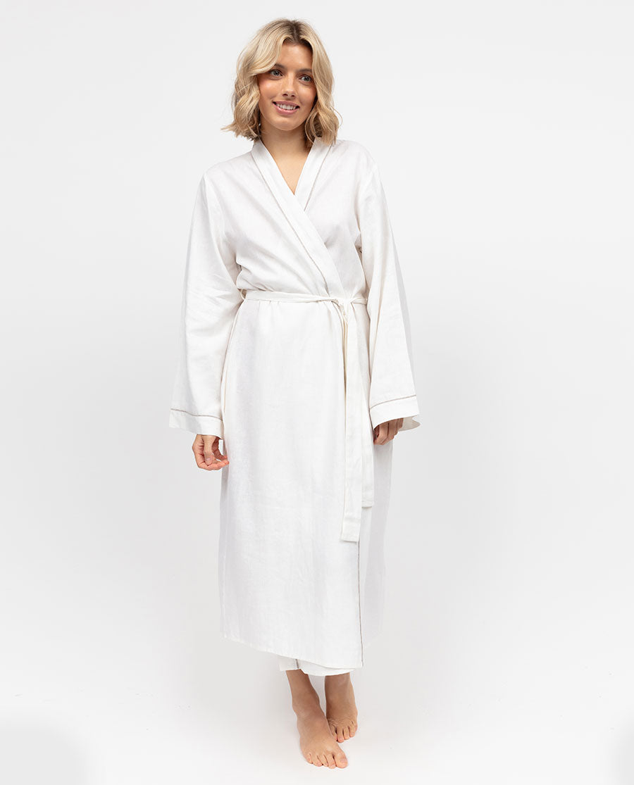 The Linen Edit Womens White Long Dressing Gown - Cyberjammies The Linen Edit Womens White Long Dressing Gown - Cyberjammies