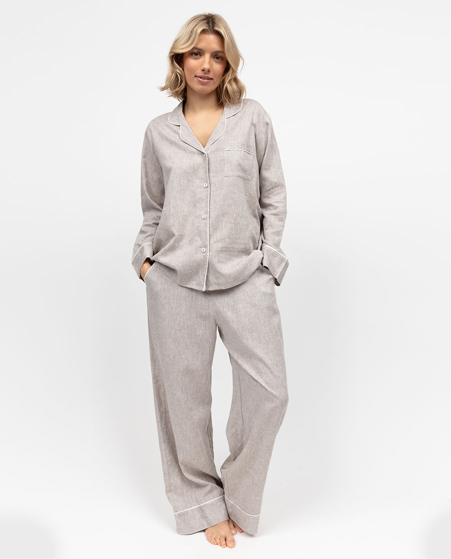 The Linen Edit Damen-Pyjama-Set mit weitem Bein, Mokka