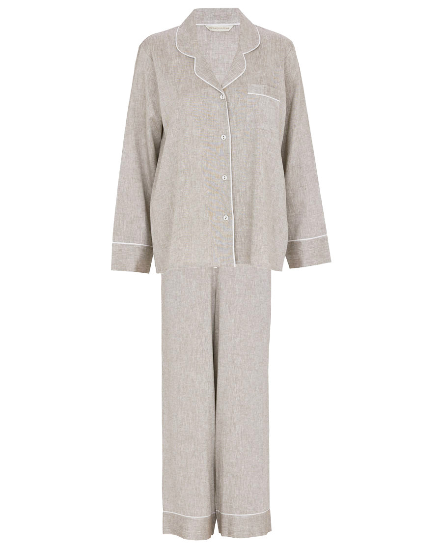 The Linen Edit Damen-Pyjama-Set mit weitem Bein, Mokka