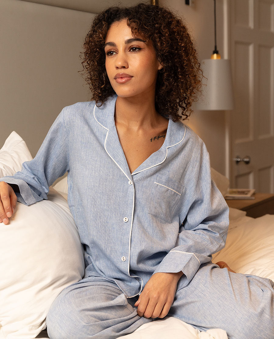 The Linen Edit Damen-Pyjama-Set mit weitem Bein, Blau