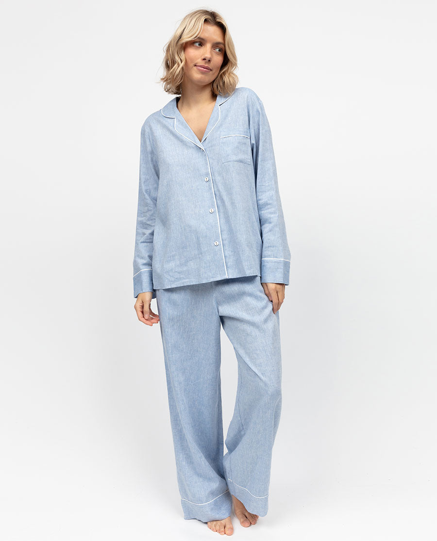 The Linen Edit Damen-Pyjama-Set mit weitem Bein, Blau