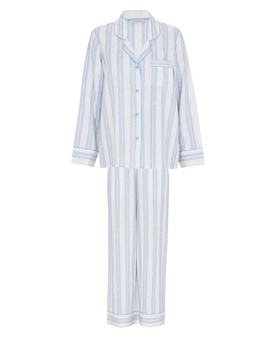 Ensemble pyjama à jambes larges et rayures bleues pour femme The Linen Edit