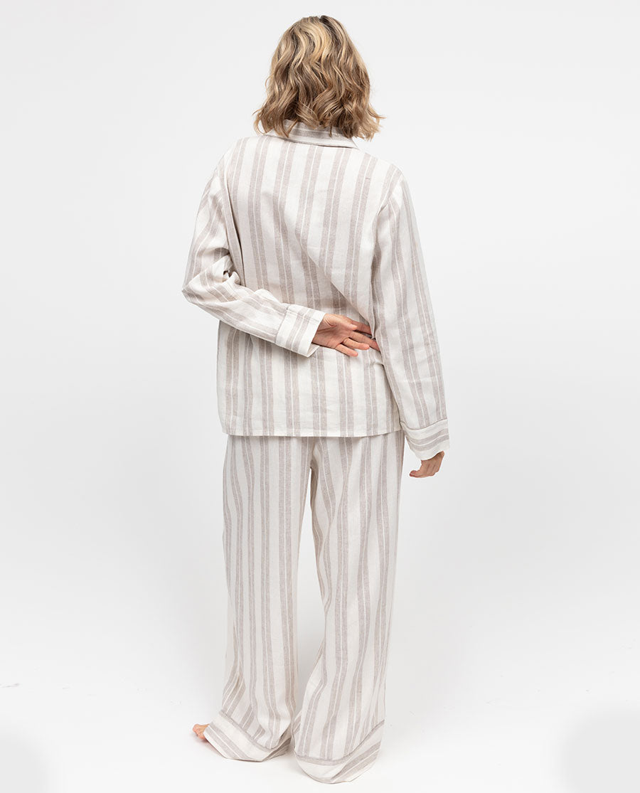 The Linen Edit Damen-Pyjama-Set mit weitem Bein und Streifen in Mokka