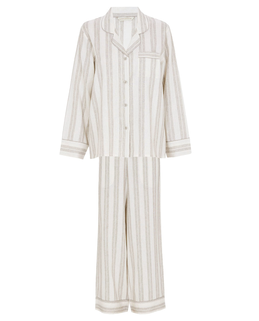 The Linen Edit Damen-Pyjama-Set mit weitem Bein und Streifen in Mokka