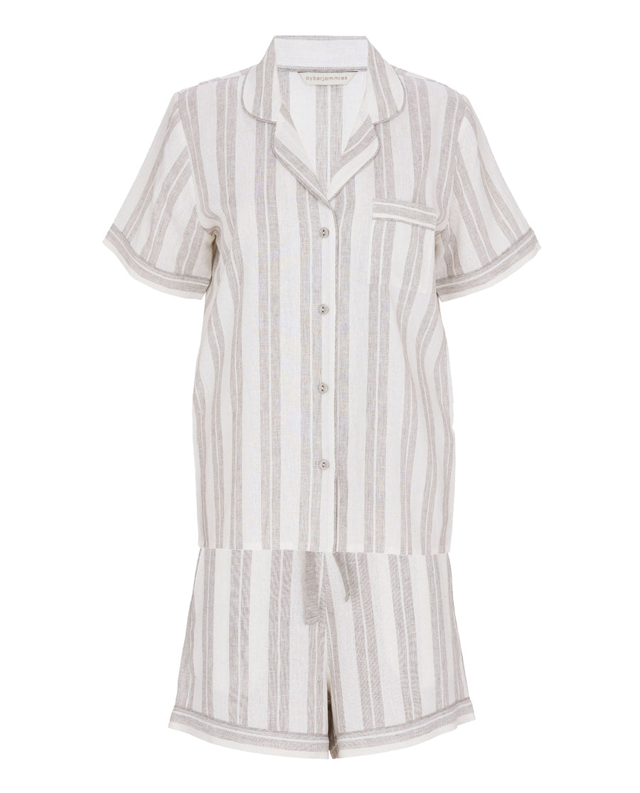 The Linen Edit Damen Shorty-Set mit Mokka-Streifen