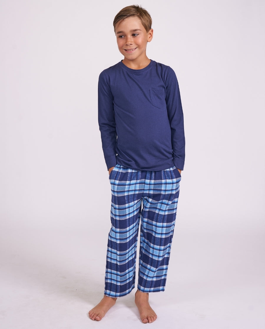 Kids Blue Unisex Long Jersey T-shirt and Brushed Check Pyjama Set