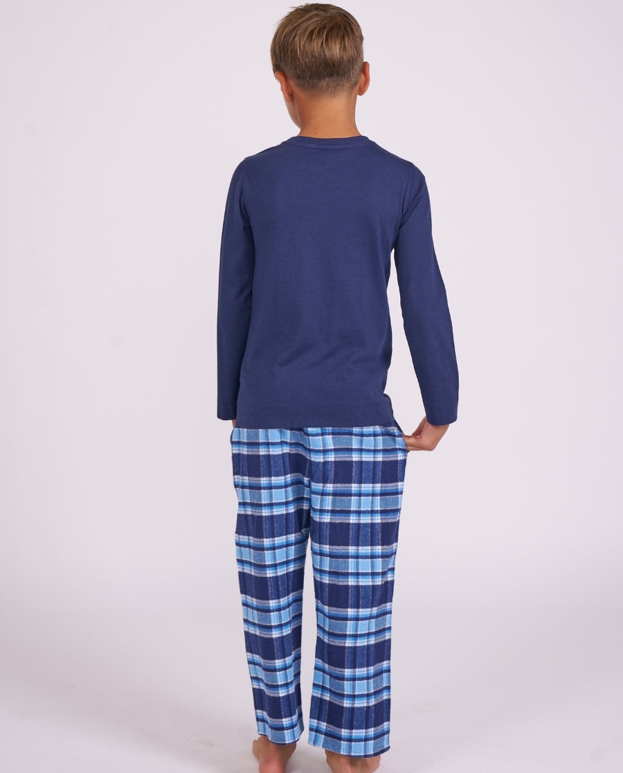 Kids Blue Unisex Long Jersey T-shirt and Brushed Check Pyjama Set