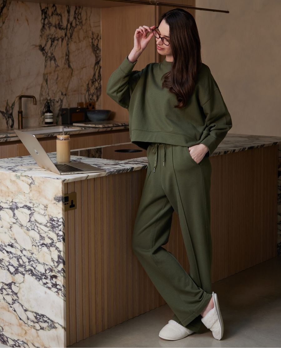 Womens Olive Lounge Crew-Neck and Joggers Set