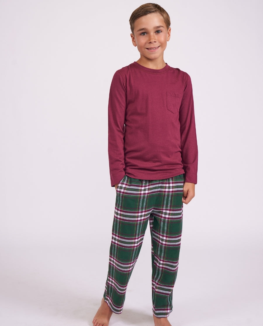 Kids Unisex Long Jersey T-shirt and Green Brushed Check Pyjama Set