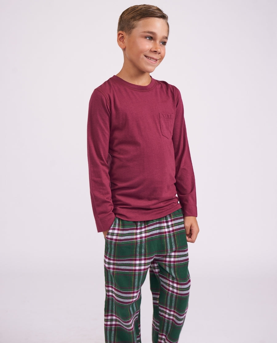 Kids Unisex Long Jersey T-shirt and Green Brushed Check Pyjama Set