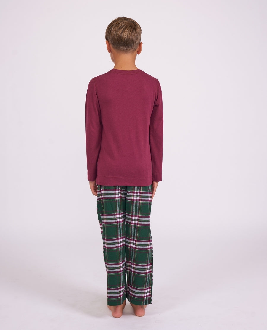 Kids Unisex Long Jersey T-shirt and Green Brushed Check Pyjama Set