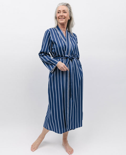 Evette Lace Trim Printed Stripe Long Dressing Gown