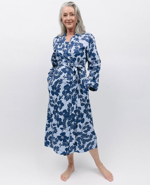 Evette Blue Floral Print Long Dressing Gown