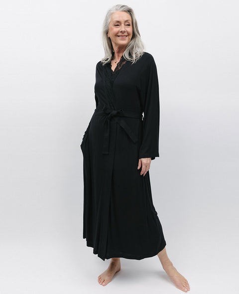 Winnie Black Lace Detail Jersey Long Dressing Gown