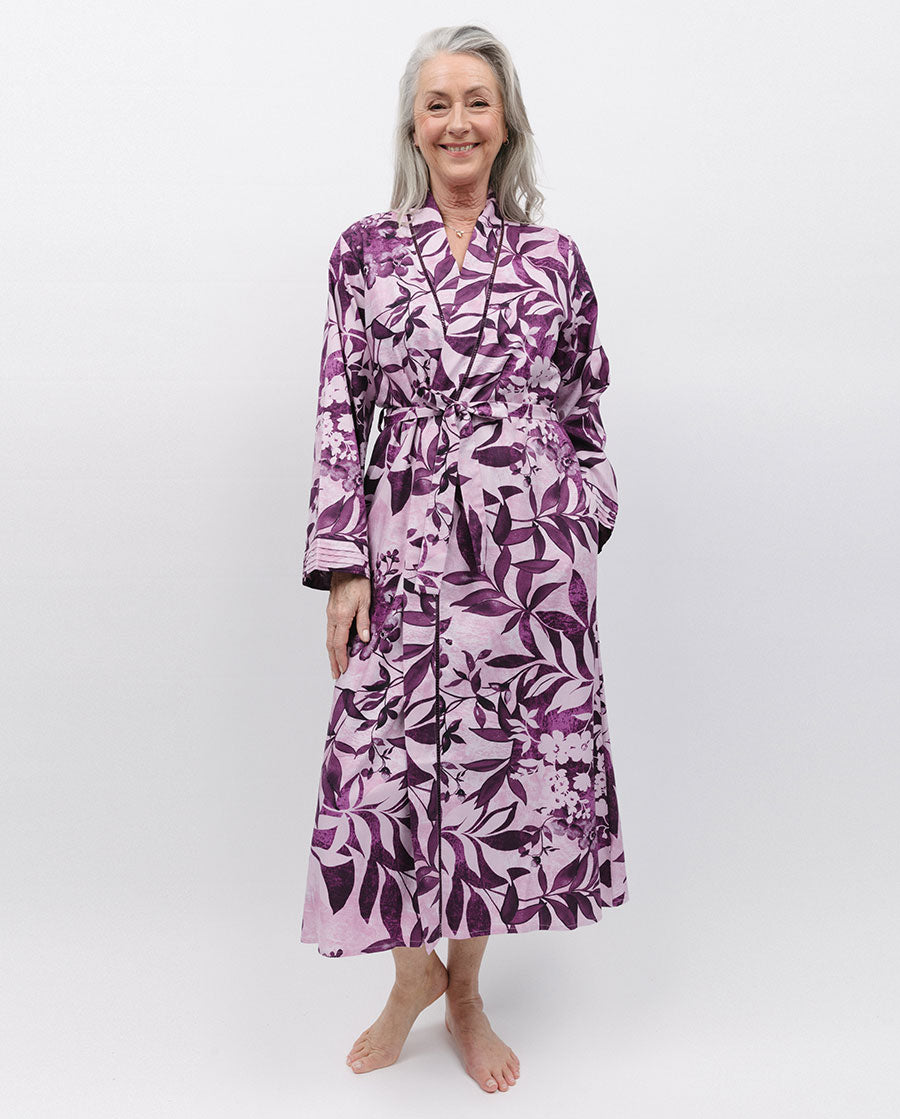 Mary Lace Trim Floral Print Long Dressing Gown - Cyberjammies