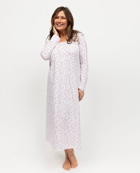 Francesca Pink Ditsy Floral Printed Jersey Long Nightdress