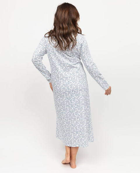 Francesca Blue Ditsy Floral Printed Jersey Long Nightdress