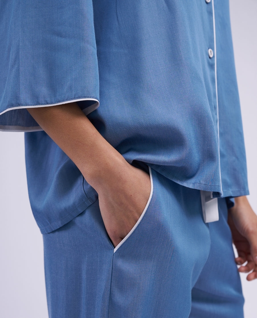 The Denim Edit Womens Chambray Relaxed Cropped Pyjama Set