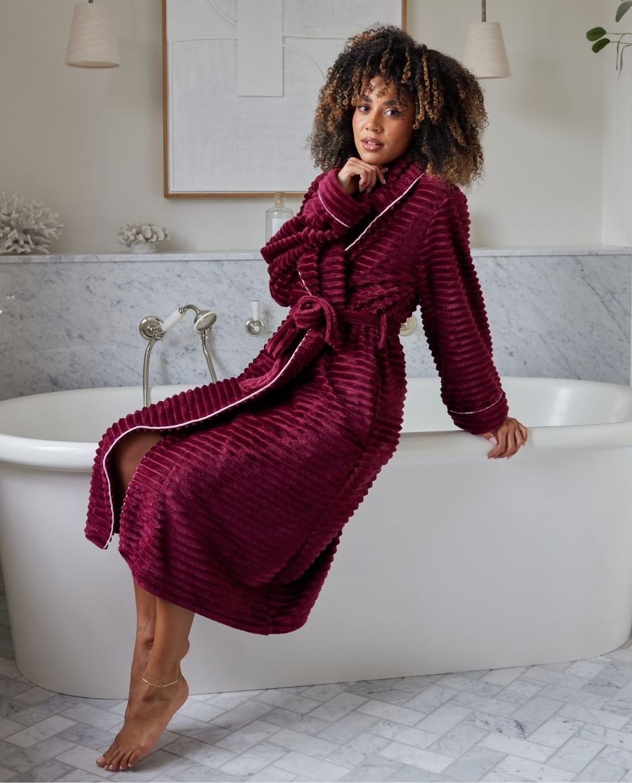 Womens Striped Burgundy Cosy Robe