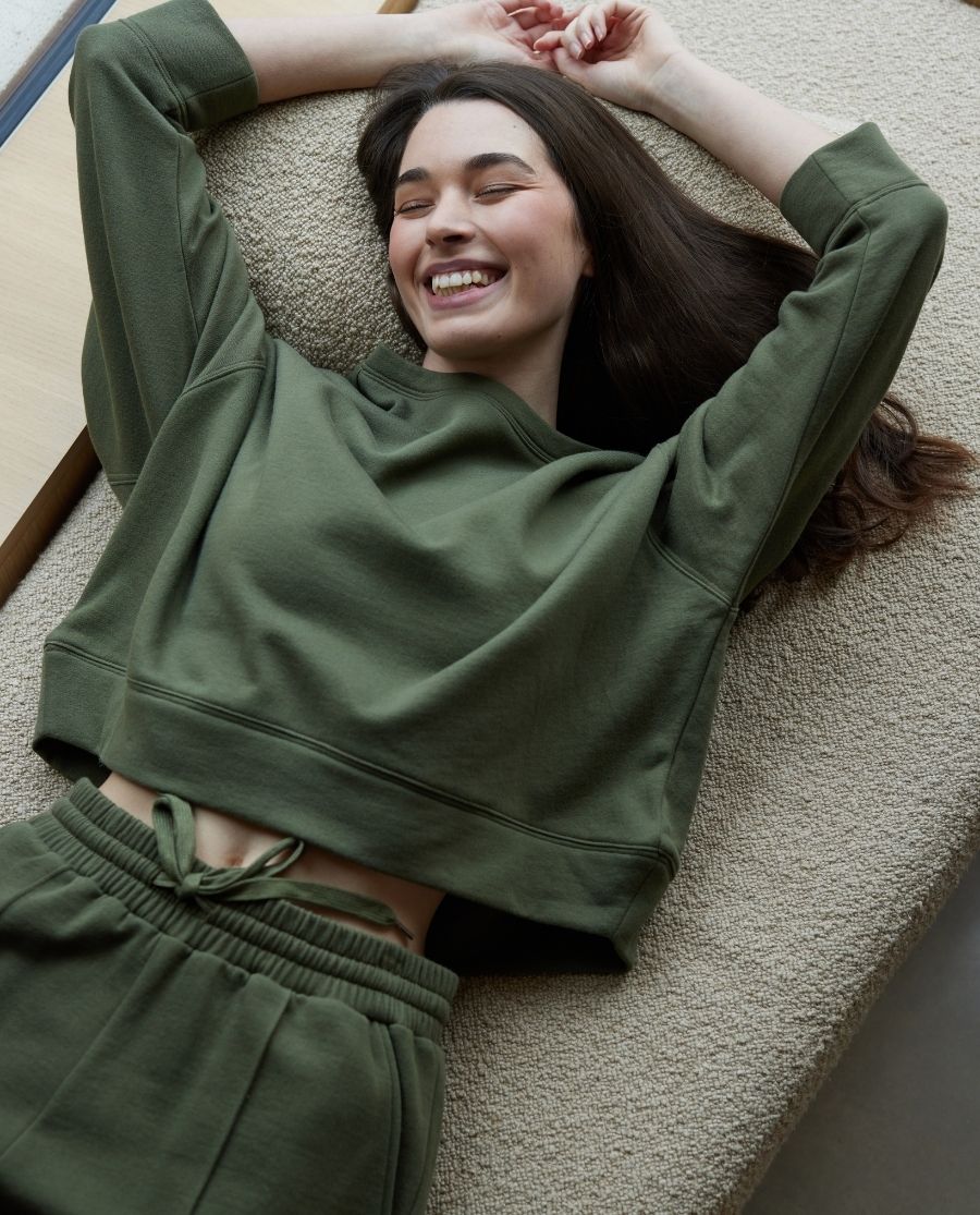 Womens Olive Lounge Crew-Neck and Shorts Set