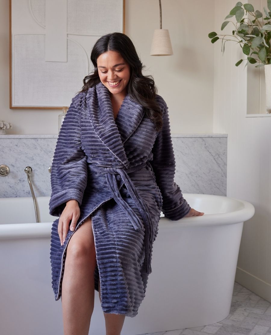 Womens Striped Charcoal Cosy Dressing Gown