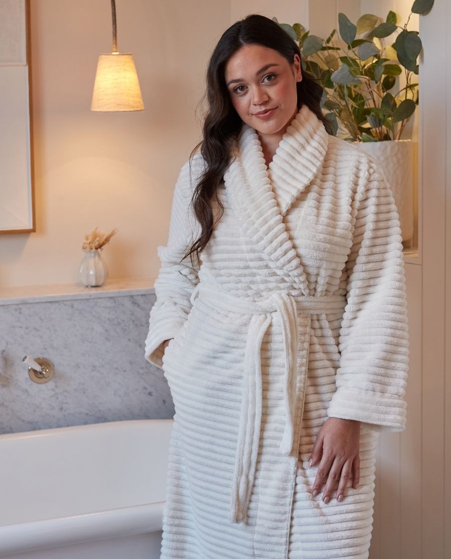 Womens Striped Cream Cosy Dressing Gown