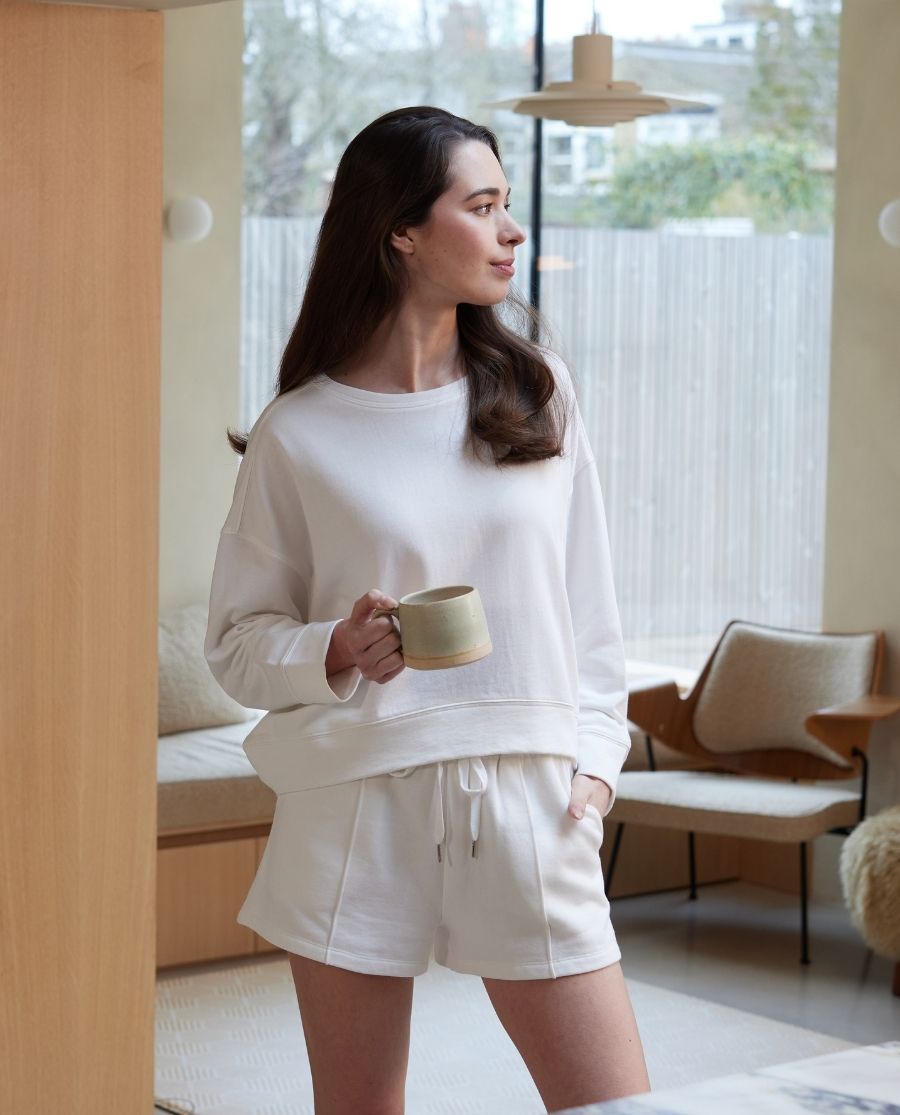 Womens White Lounge Crew-Neck and Shorts Set