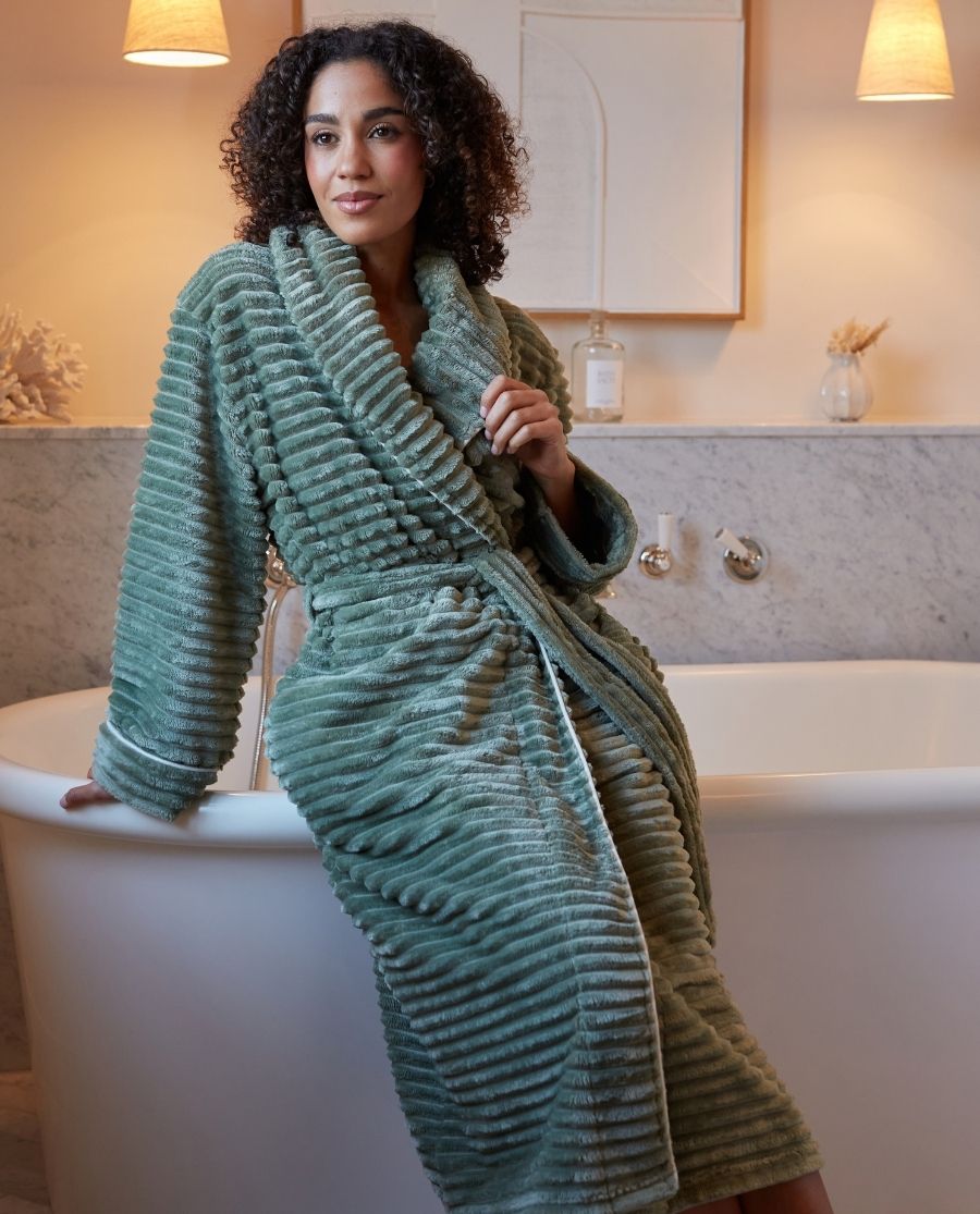 Womens Striped Sage Cosy Dressing Gown