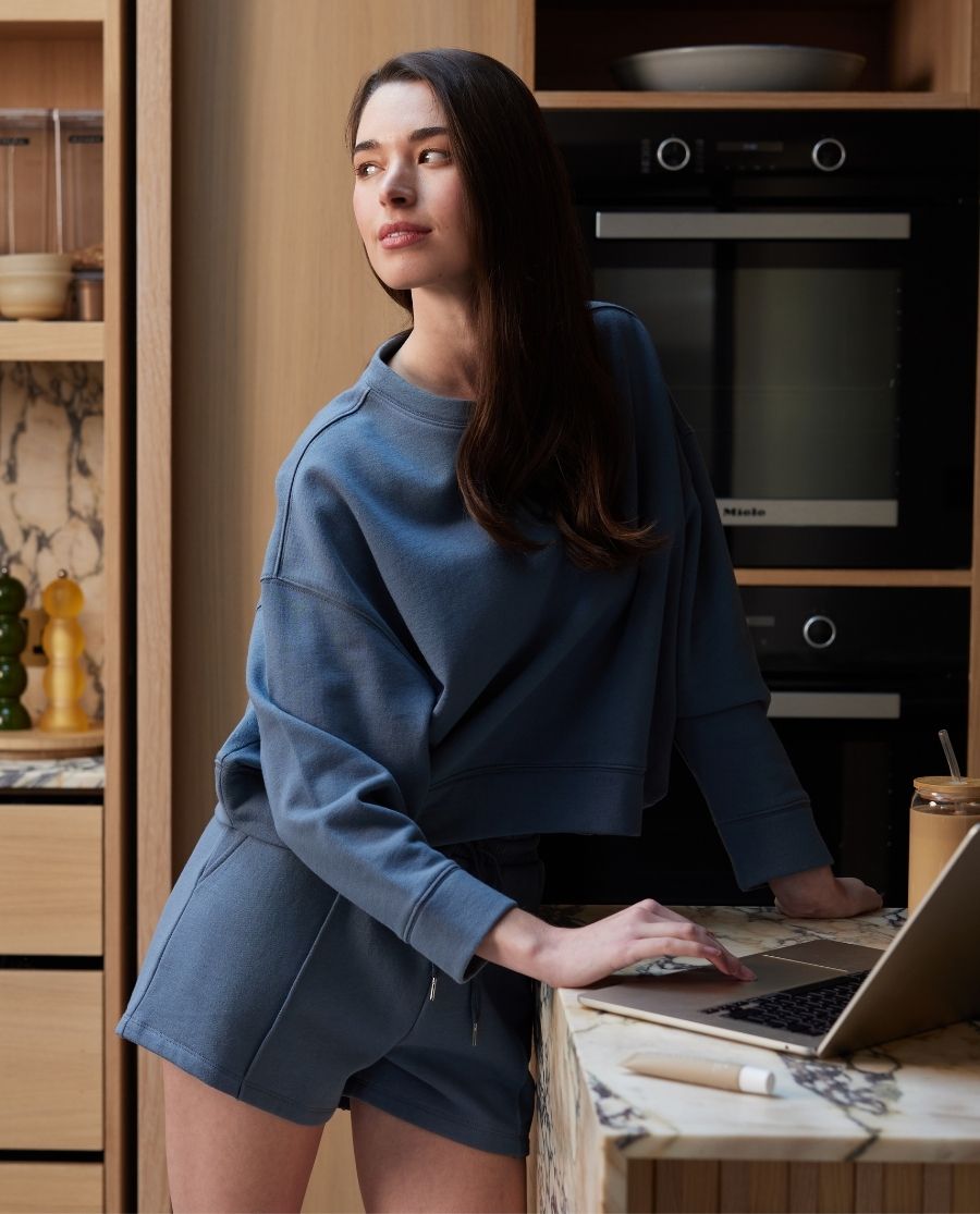 Womens Smoky Blue Lounge Crew-Neck and Shorts Set